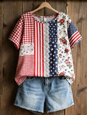 Brielle Davenport | Patchwork Patriotic Short Sleeve Top For Women