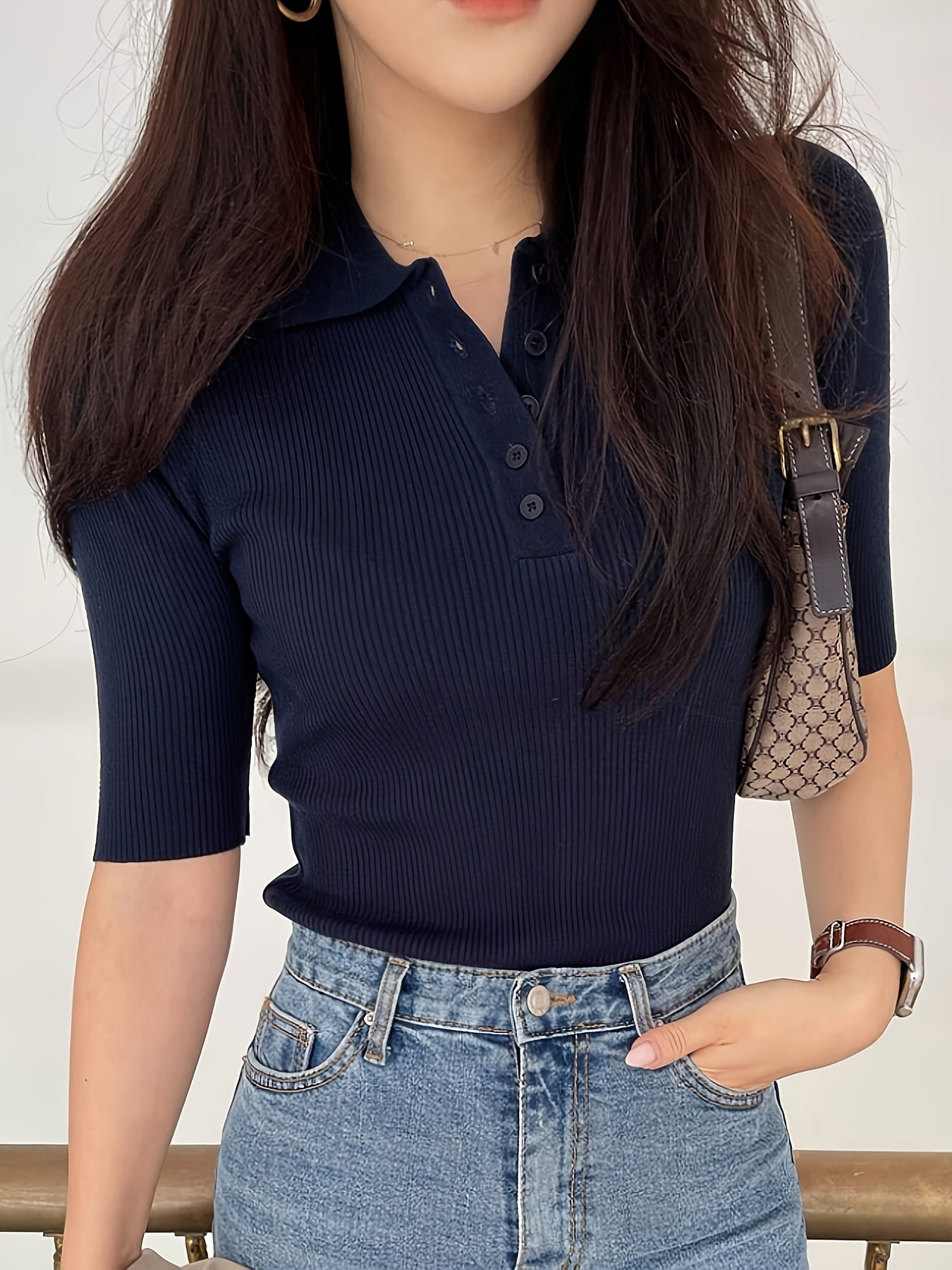 Beatrix Chandon | Ribbed Collared Polo Top For Women