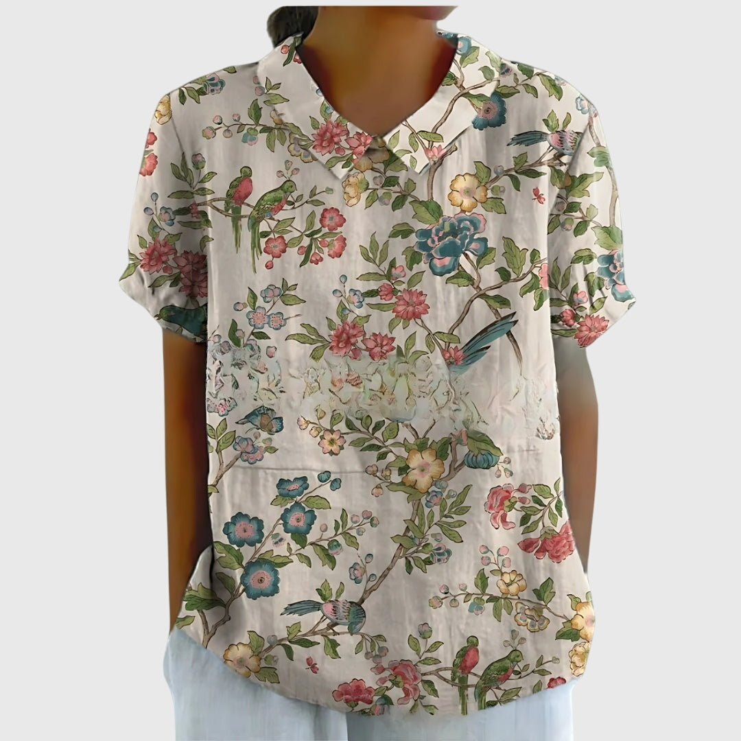 Éloise Fairverne | Green Floral Print Short Sleeve Blouse