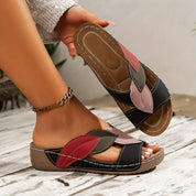 Serena Valmontclair | Colorblock Leaf Appliqué Slip-On Wedge Sandals