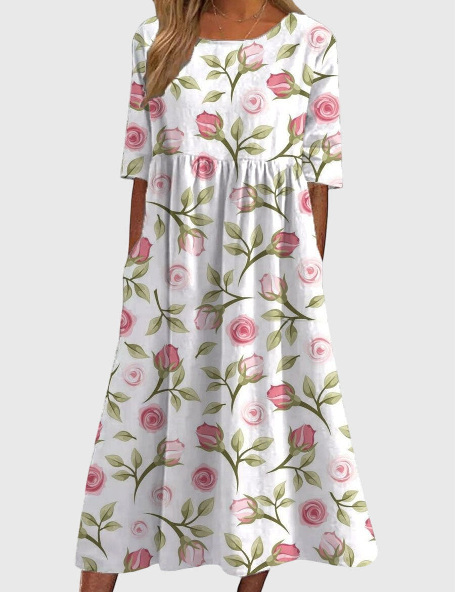 Rowena Beauclaire | Blue Floral Midi Dress with Half Sleeves