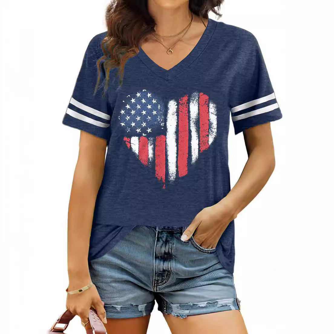Hazel Drummond | American Flag Heart Print V-Neck T-Shirt For Women