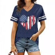 Hazel Drummond | American Flag Heart Print V-Neck T-Shirt For Women