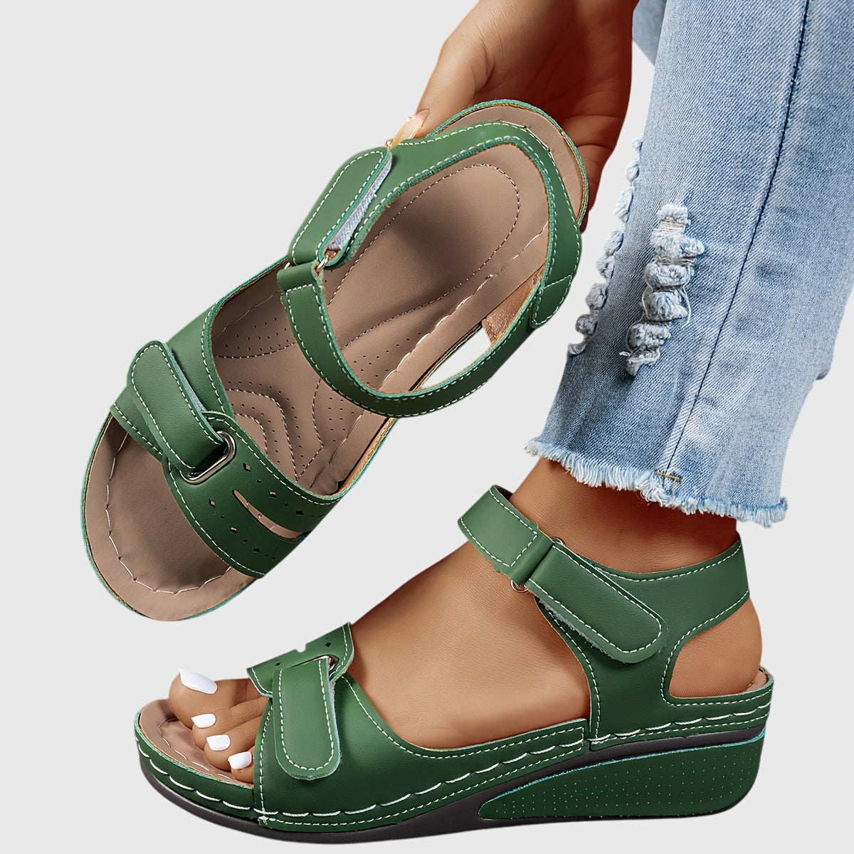 Renata Villefore | Red Orthopedic Wedge Sandals with Hook-and-Loop Strap