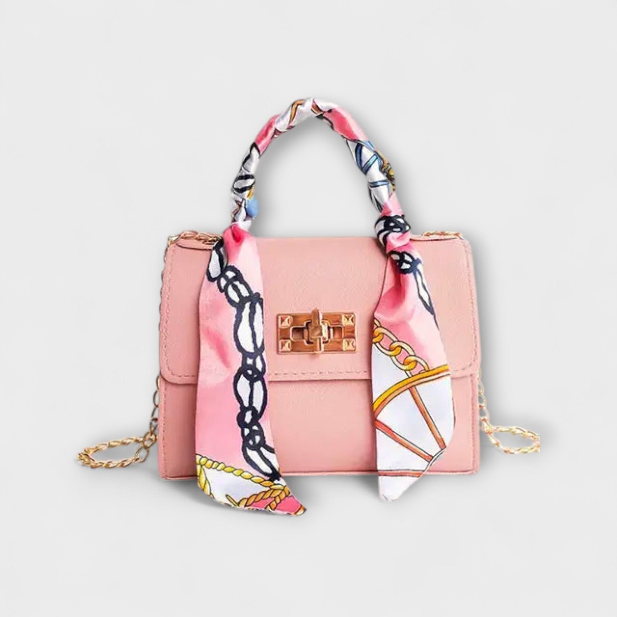 Juliette Moreau | Black Structured Handbag with Scarf Handle & Gold Chain