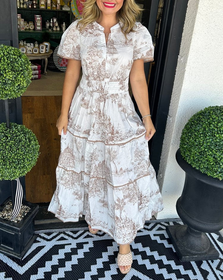 Céleste Wyndmere | Classic Toile Maxi Dress in White & Brown