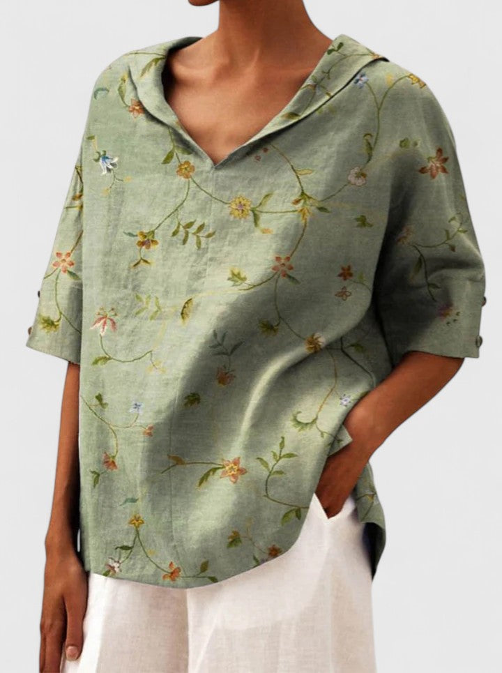 Arabelle Chantecour | Floral Print V-Neck Linen Top in Green