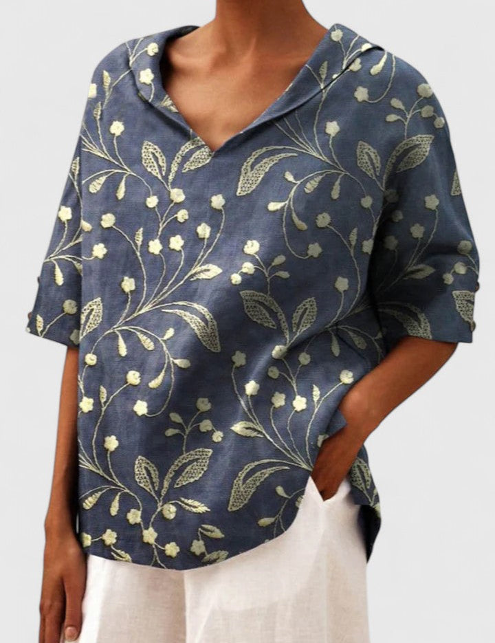 Arabelle Chantecour | Floral Print V-Neck Linen Top in Green