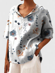 Arabelle Chantecour | Floral Print V-Neck Linen Top in Green