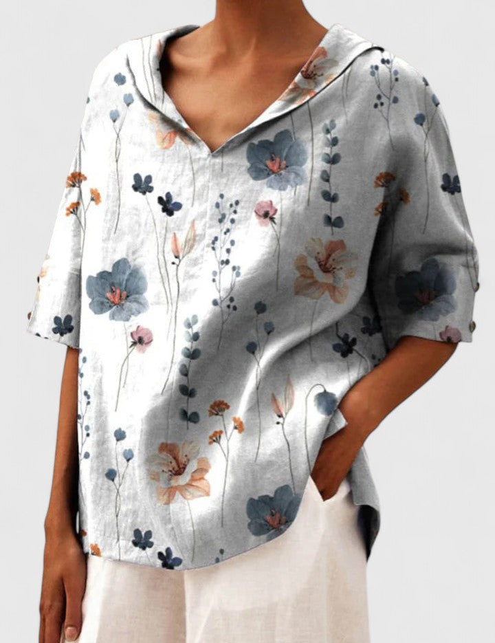 Arabelle Chantecour | Floral Print V-Neck Linen Top in Green