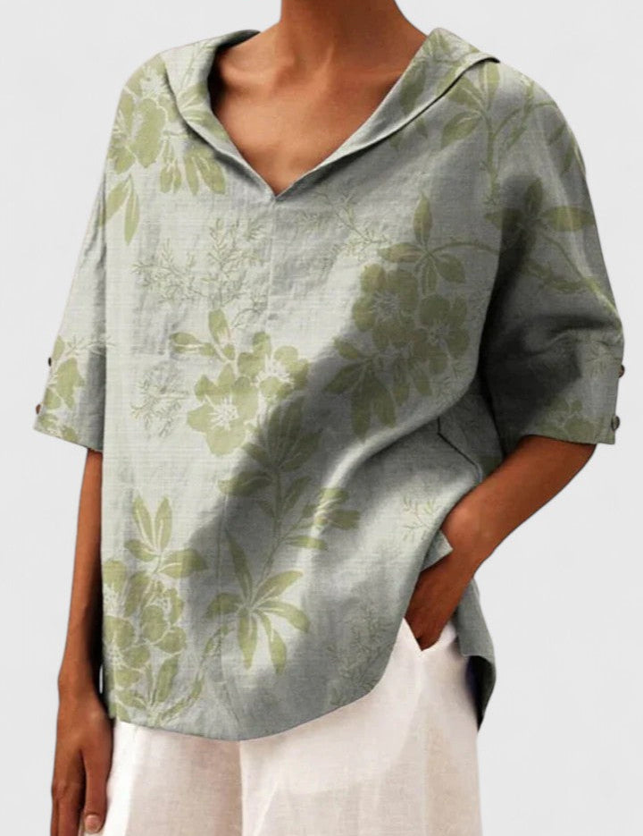 Arabelle Chantecour | Floral Print V-Neck Linen Top in Green