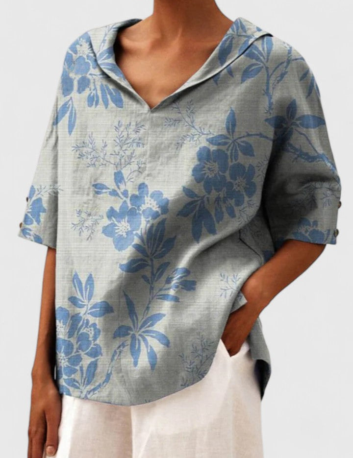 Arabelle Chantecour | Floral Print V-Neck Linen Top in Green