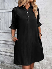 Cecile Wrenthorpe | Black Button-Down Shirt Dress with 3/4 Sleeves