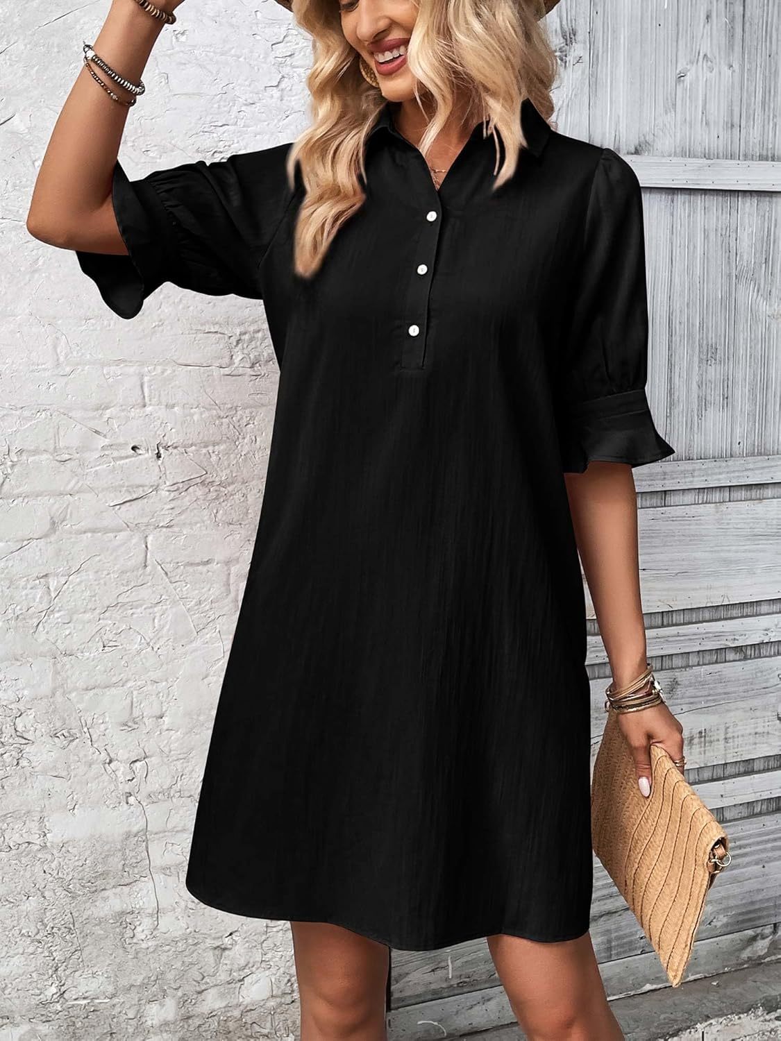 Cecile Wrenthorpe | Black Button-Down Shirt Dress with 3/4 Sleeves