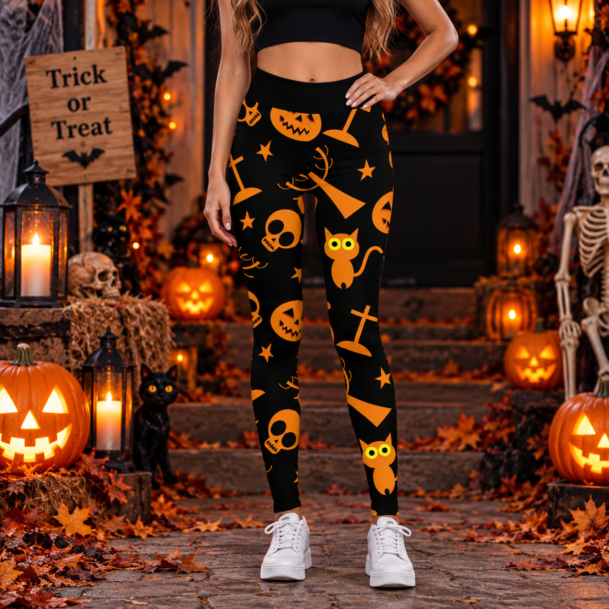 BlackCatSocietySkull_PumpkinHalloweenLeggingsForWomen-model.png
