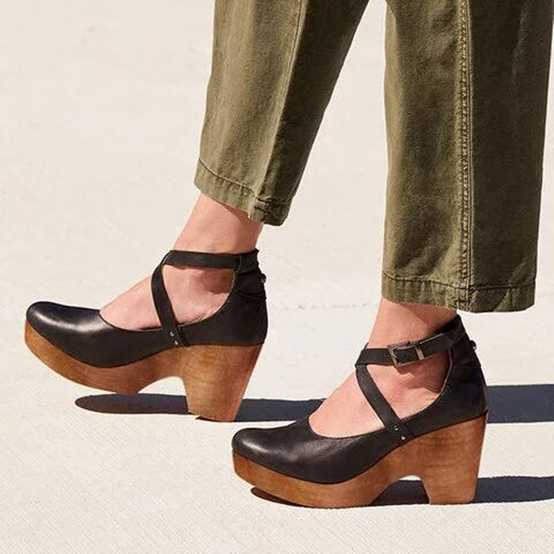 Celestine Harlow | Black Closed-Toe Wedge Heels with Ankle Strap
