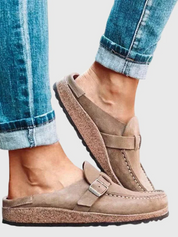 Elodie Carmichael | Suede Buckle Comfort Clogs in Sage Green