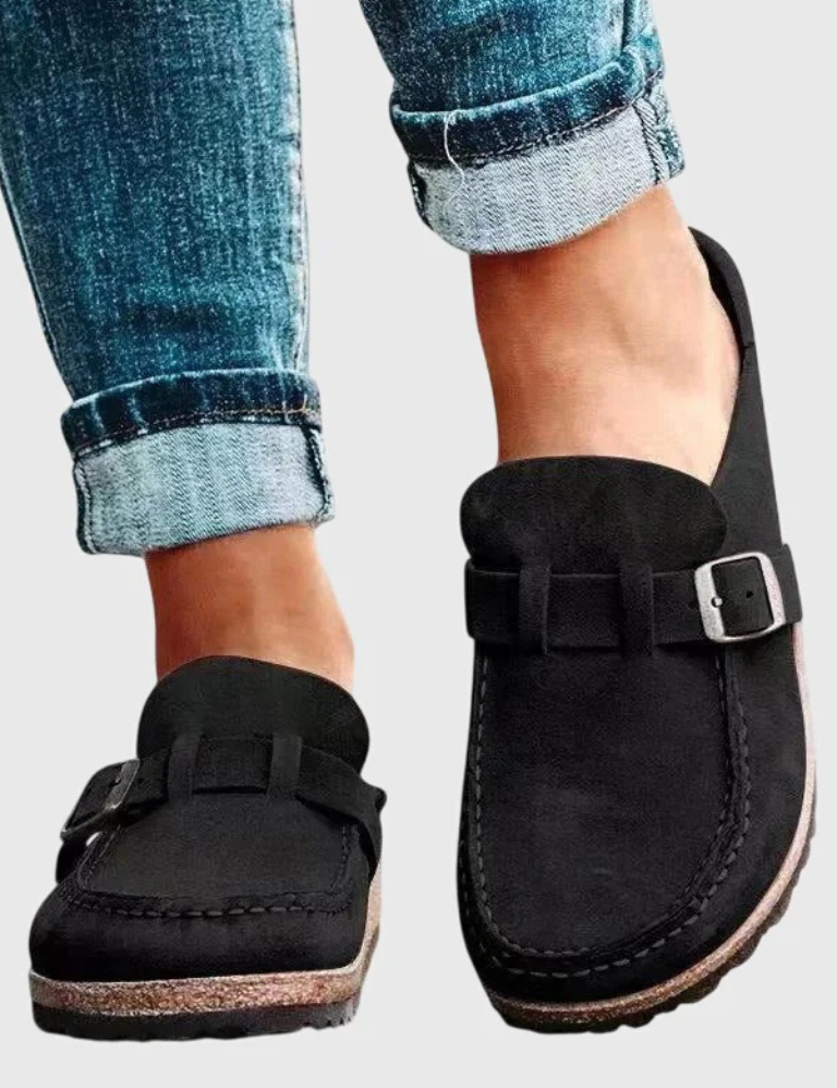 Elodie Carmichael | Suede Buckle Comfort Clogs in Sage Green
