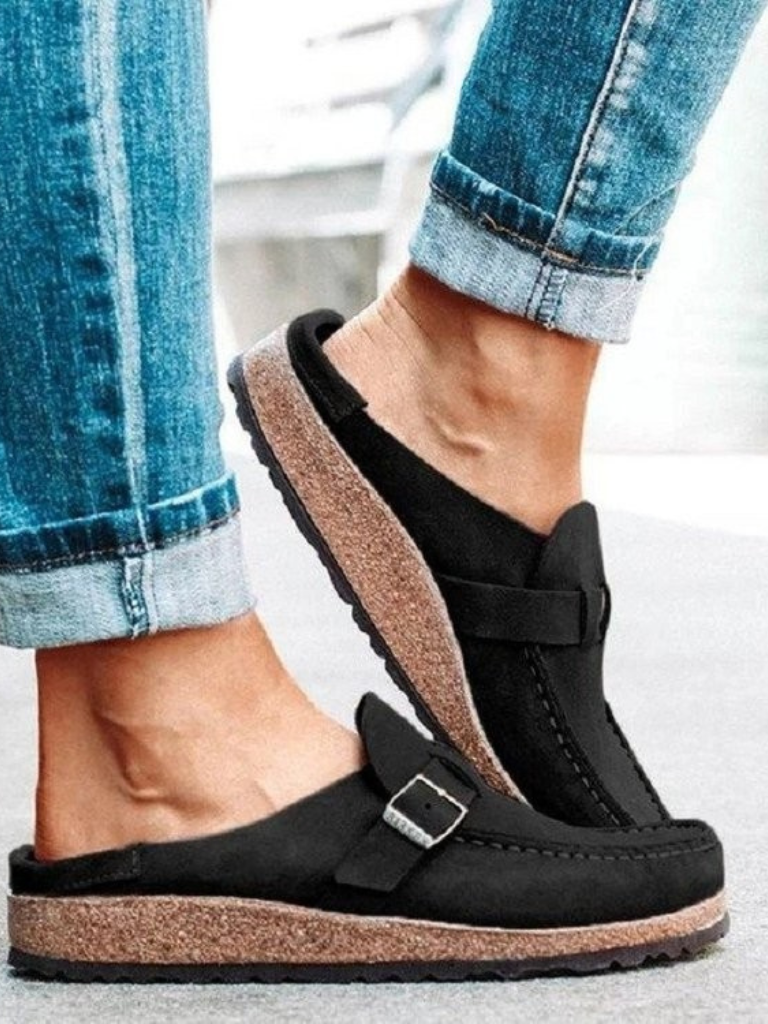 Elodie Carmichael | Suede Buckle Comfort Clogs in Sage Green