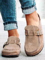 Elodie Carmichael | Suede Buckle Comfort Clogs in Sage Green