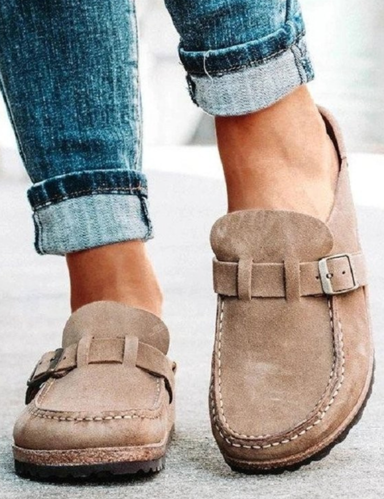 Elodie Carmichael | Suede Buckle Comfort Clogs in Sage Green