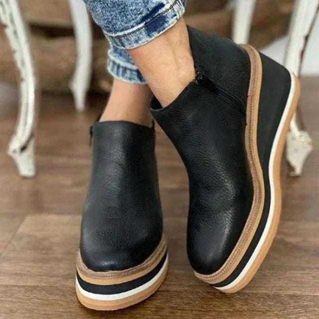 Elara Pembrooke | Tan Platform Wedge Ankle Boots with Side Zipper