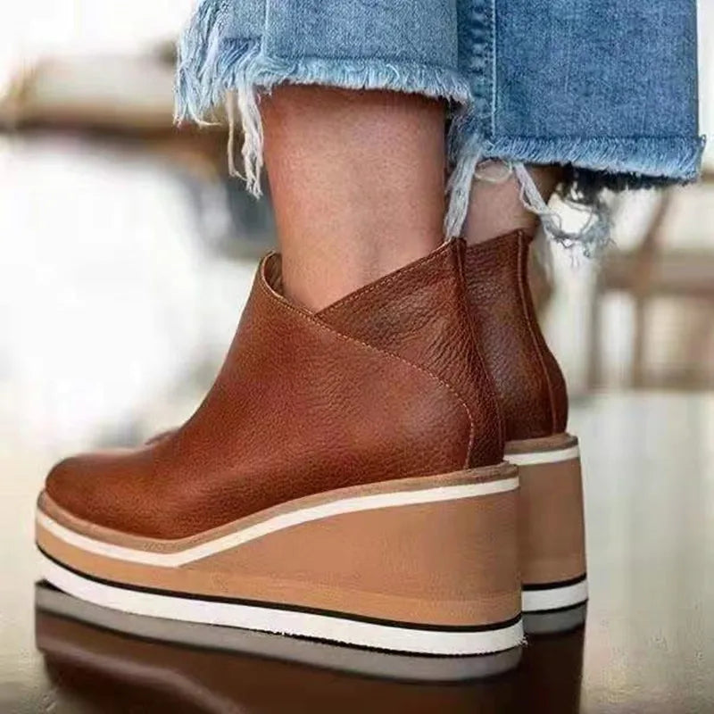Elara Pembrooke | Tan Platform Wedge Ankle Boots with Side Zipper