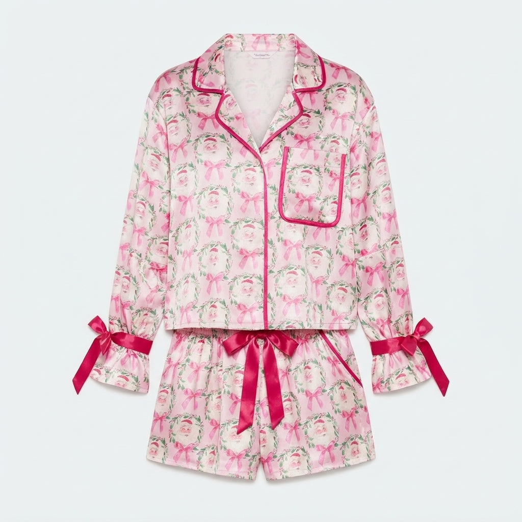 Bow Darling | Pink Santa Wreath Print Christmas Pyjamas For Women