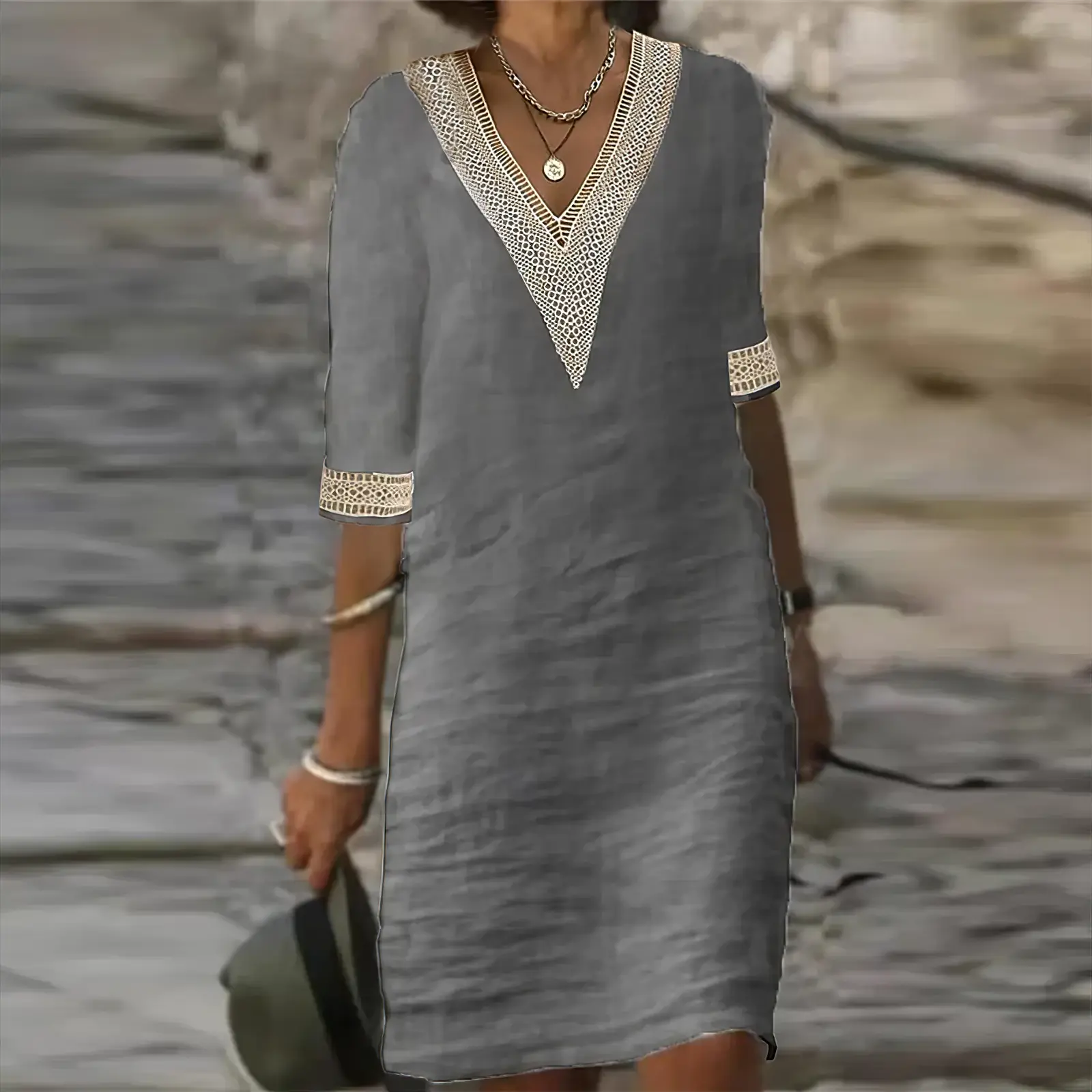 Lorraine Vesprey | White Lace-Trim V-Neck Cotton Linen Midi Dress