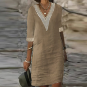 Lorraine Vesprey | White Lace-Trim V-Neck Cotton Linen Midi Dress