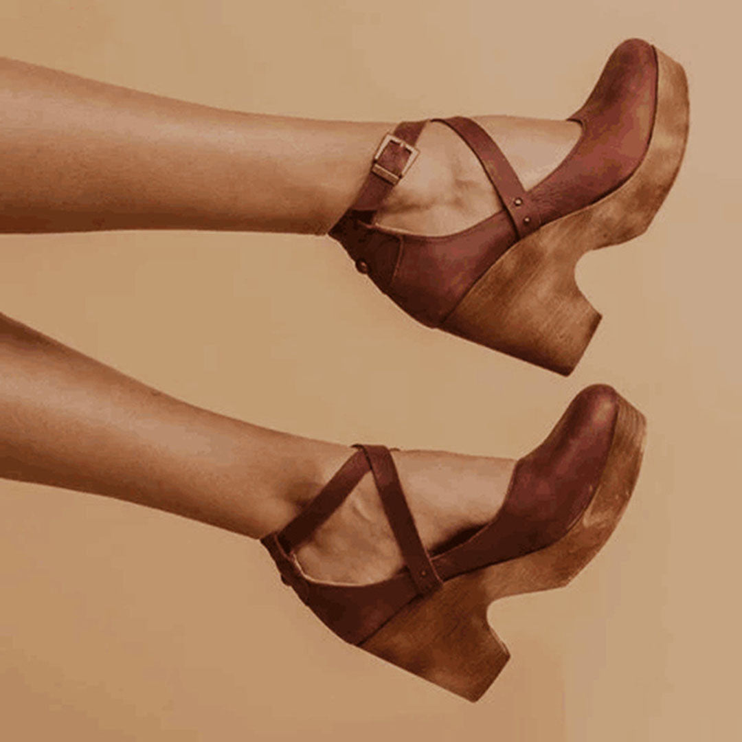 Celestine Harlow | Black Closed-Toe Wedge Heels with Ankle Strap