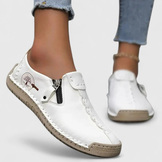 Primrose Caldwell | Tan Zip-Detail Leather Loafer Flats
