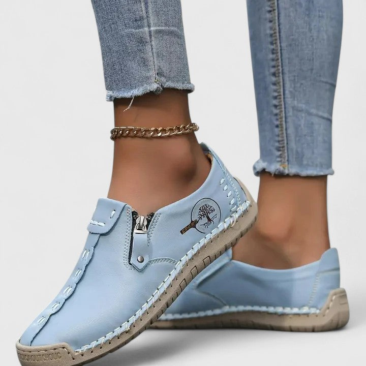 Primrose Caldwell | Tan Zip-Detail Leather Loafer Flats