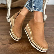 Elara Pembrooke | Tan Platform Wedge Ankle Boots with Side Zipper