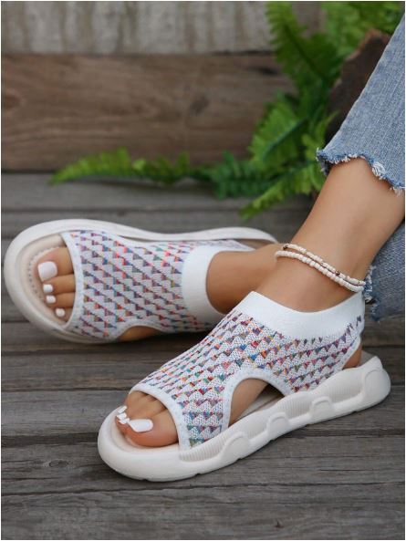 Elspeth Carrington | Cream Knit Platform Open Toe Slip-On Sandals