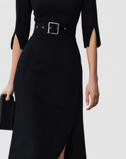 Eleanora Vantisse | Black Belted Mock Neck Midi Dress with Split Sleeves