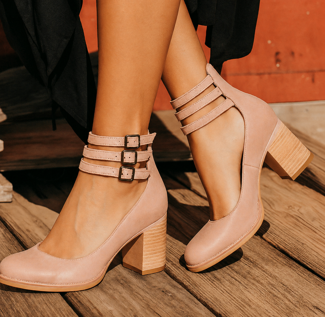 Corinna Ashvale | Tan Leather Block Heel Ankle Boot with Double Buckle Straps