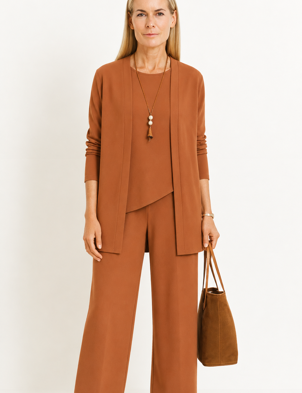 Elspeth Vaurien | Women's 3-Piece Cardigan Tank & Wide-Leg Pants Set in Slate Grey
