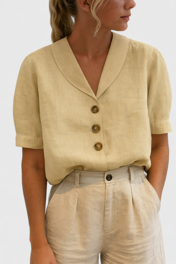 Célindre Beaumont | Linen V-Neck Button Blouse in Beige