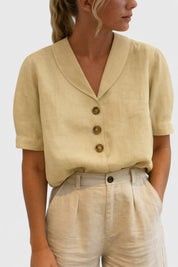 Célindre Beaumont | Linen V-Neck Button Blouse in Beige