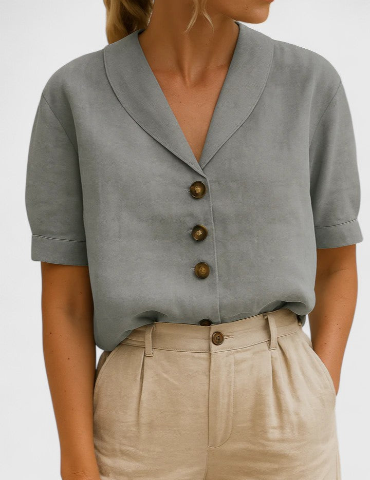Célindre Beaumont | Linen V-Neck Button Blouse in Beige