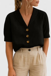 Célindre Beaumont | Linen V-Neck Button Blouse in Beige