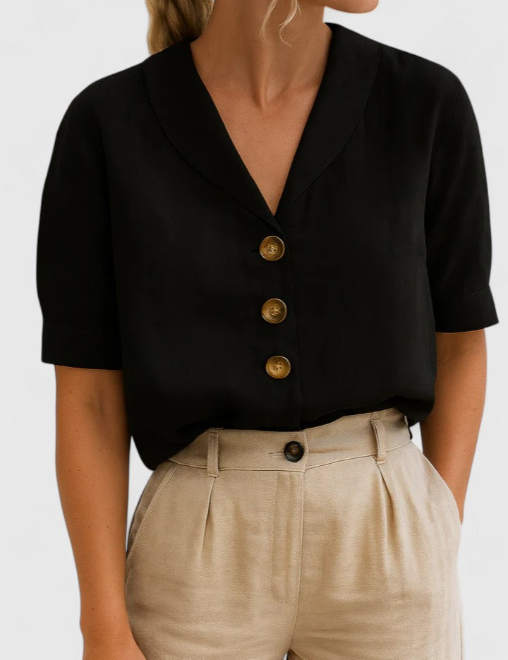 Célindre Beaumont | Linen V-Neck Button Blouse in Beige