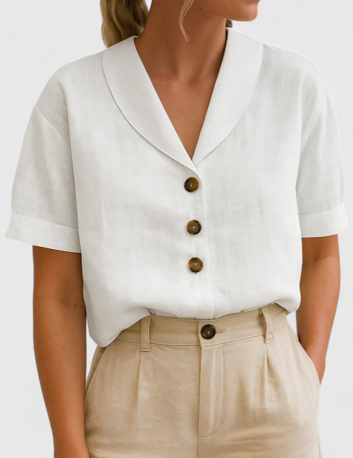Célindre Beaumont | Linen V-Neck Button Blouse in Beige