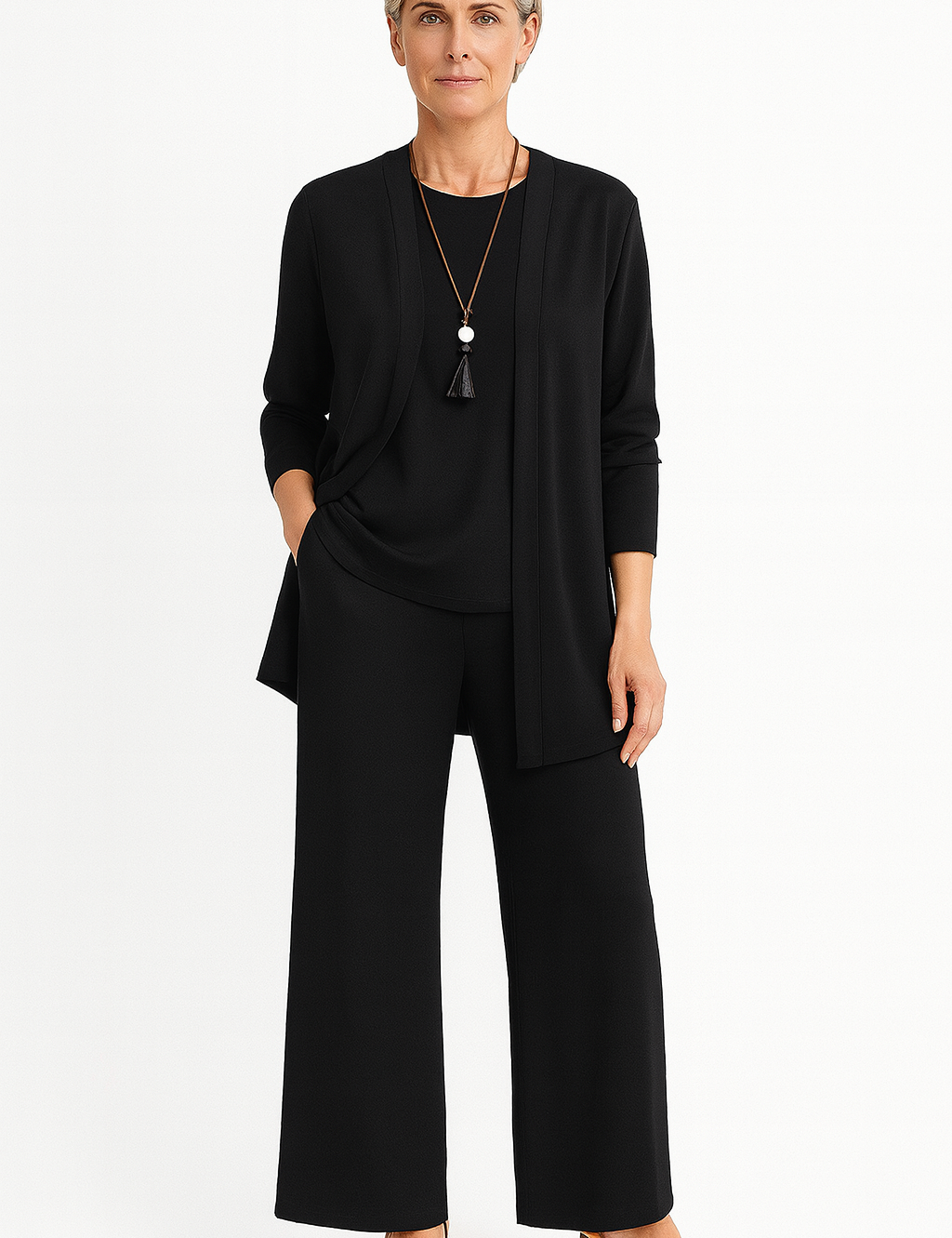 Elspeth Vaurien | Women's 3-Piece Cardigan Tank & Wide-Leg Pants Set in Slate Grey
