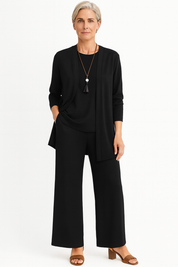 Elspeth Vaurien | Women's 3-Piece Cardigan Tank & Wide-Leg Pants Set in Slate Grey