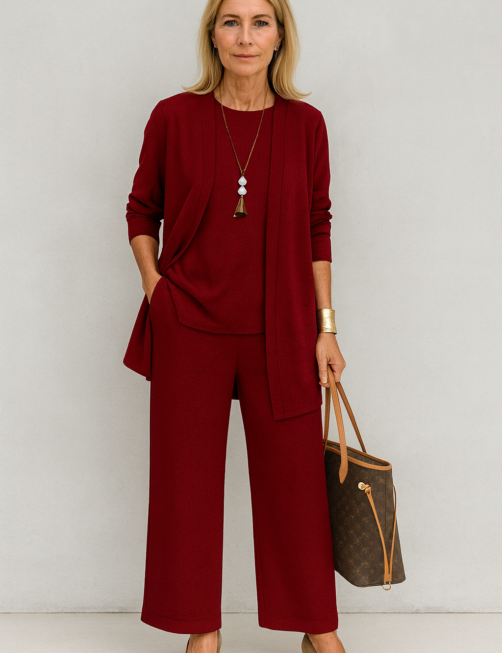 Elspeth Vaurien | Women's 3-Piece Cardigan Tank & Wide-Leg Pants Set in Slate Grey