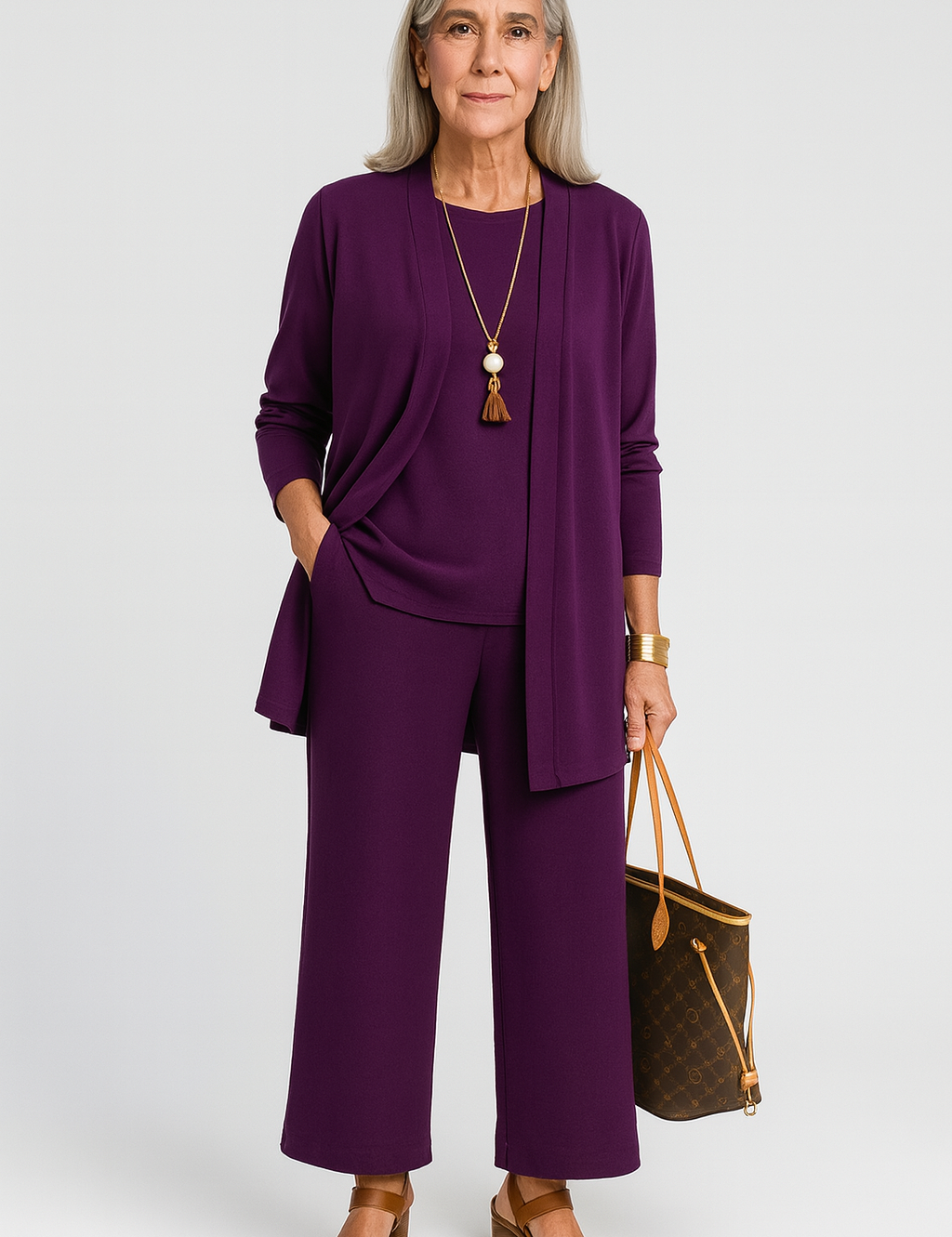 Elspeth Vaurien | Women's 3-Piece Cardigan Tank & Wide-Leg Pants Set in Slate Grey