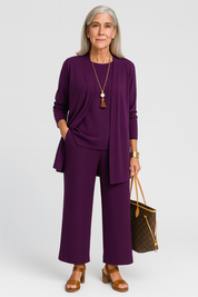 Elspeth Vaurien | Women's 3-Piece Cardigan Tank & Wide-Leg Pants Set in Slate Grey