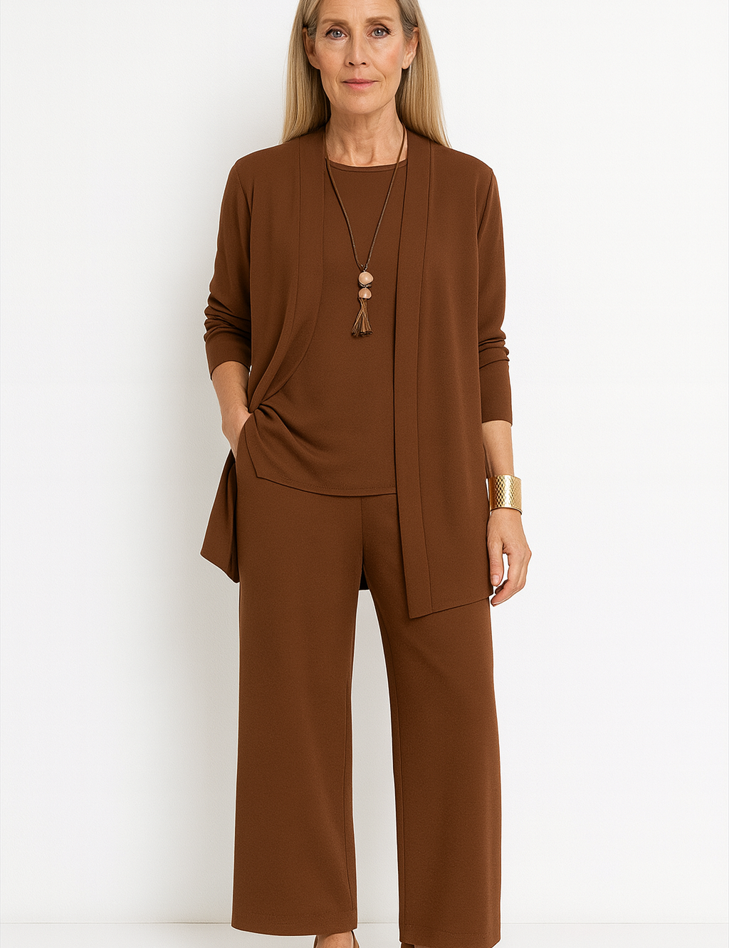 Elspeth Vaurien | Women's 3-Piece Cardigan Tank & Wide-Leg Pants Set in Slate Grey